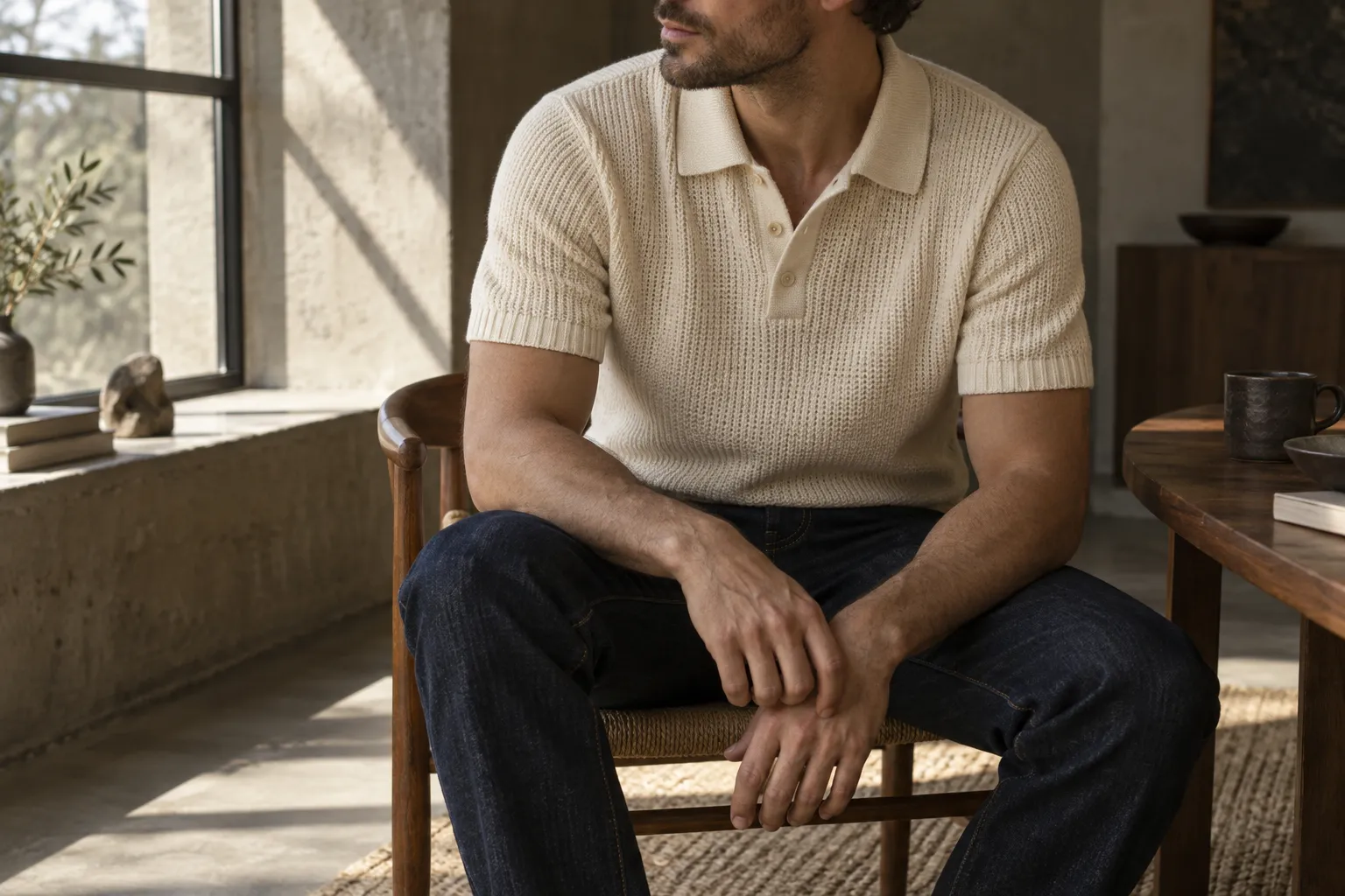 Close editorial view of a textured cream knit polo worn with dark indigo denim beside a sunlit window