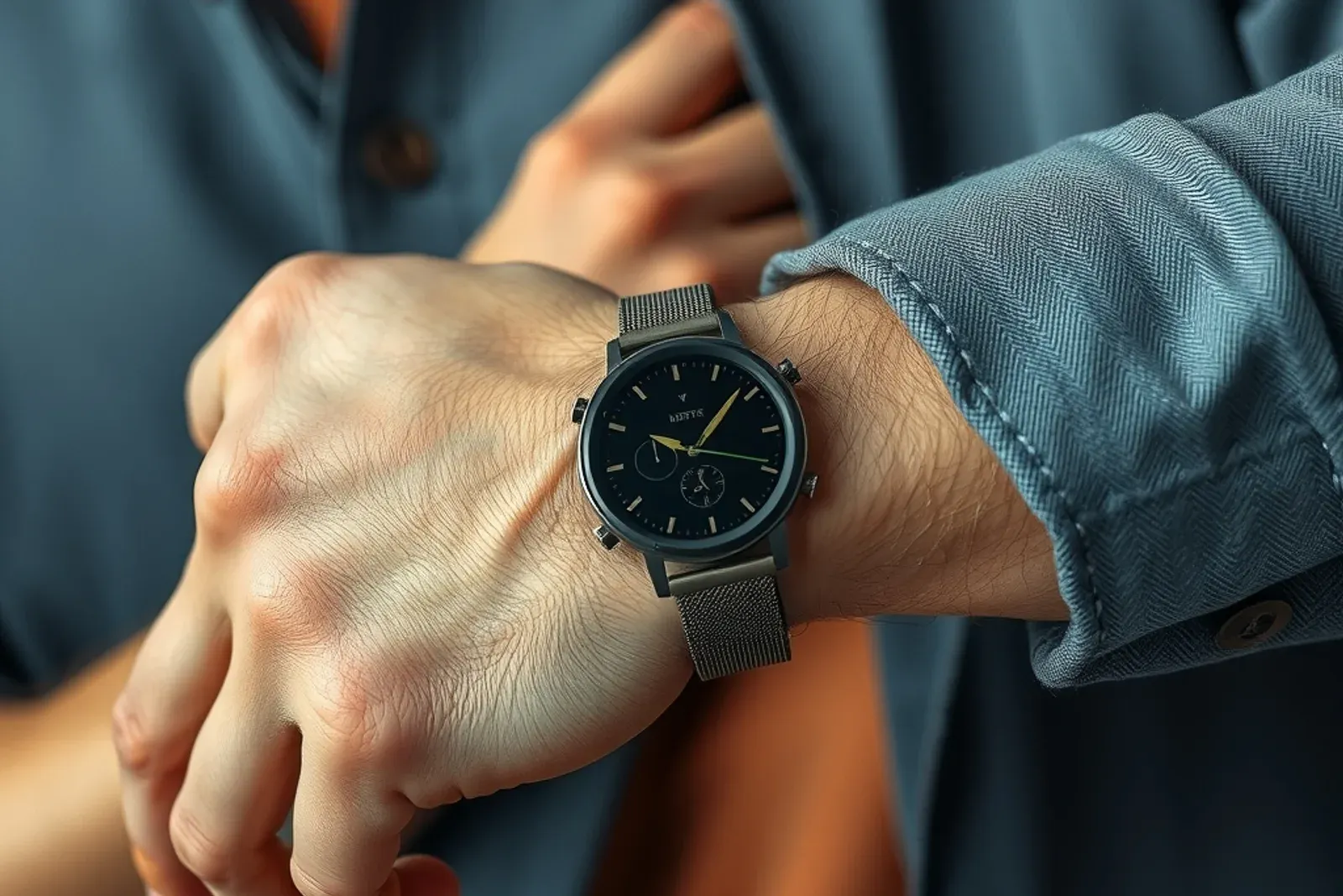 A man wearing a watch and a fitness tracker