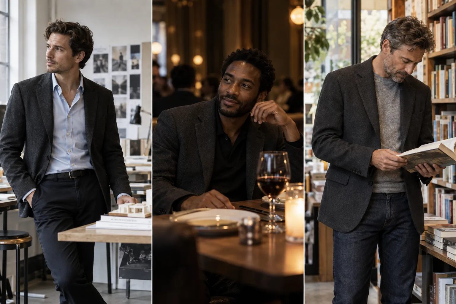 Three-panel menswear editorial showing a charcoal jacket styled for a studio, evening restaurant and bookshop