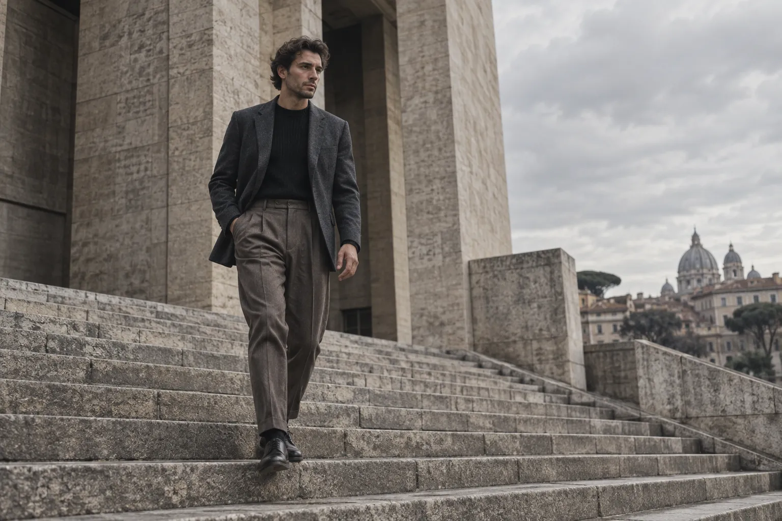 Man in a charcoal soft-shouldered jacket and high-rise taupe trousers walking down monumental stone steps
